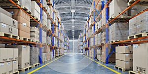 Warehouse or storage and shelves with cardboard boxes. Industrial background photo