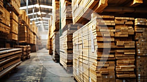 Warehouse storage of stacked wood saw timber awaiting manufacturing supply delivery