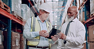 Warehouse, tablet and men with teamwork, inspection or colleagues with tech of product for delivery and supply chain