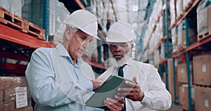 Warehouse, tablet and men with teamwork, planning or colleagues with inspection of product for delivery for supply chain