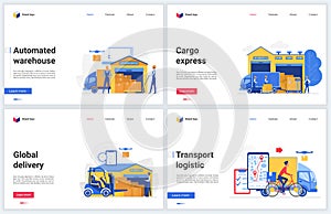 Warehouse technology vector illustrations, website interface design with express automated delivery, packaging and