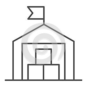 Warehouse thin line icon, transportation delivery service symbol, storage building with flag vector sign on white