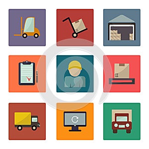 Warehouse transportation and delivery icons flat set