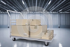 Warehouse trolley with heap of storage boxes