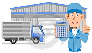 Warehouse and truck,and Male worker holding a calculator