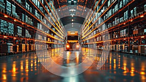 Warehouse with truck and stacked goods - generative ai