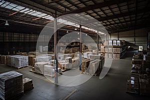 warehouse, with view of the busy loading docks, where products are being shipped out to customers