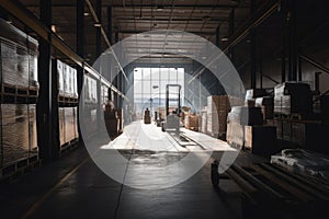 warehouse, with view of the busy loading docks, where products are being shipped out to customers