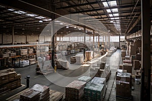 warehouse, with view of the busy loading docks, where products are being shipped out to customers