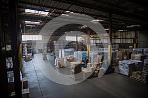 warehouse, with view of the busy loading docks, where products are being shipped out to customers