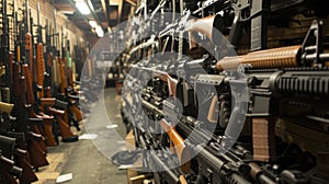Warehouse with weapon and army equipment, assault rifles in dark storage, illegal smuggle arsenal of guns or store. Concept of war