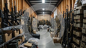 Warehouse with weapon and army equipment, boxes and assault rifles in dark storage, illegal smuggle arsenal of guns. Concept of photo