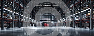 a warehouse, where racks and high-bay lights create captivating patterns of light and shadow, defining the space with an