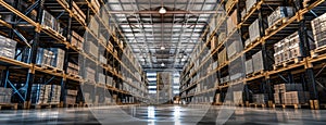 a warehouse, where racks and high-bay lights create captivating patterns of light and shadow, defining the space with an