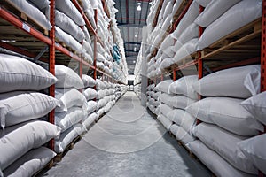 warehouse with white bags, warehouse storage of products on a rack in bags, bags of sugar and cereals in a warehouse, generative