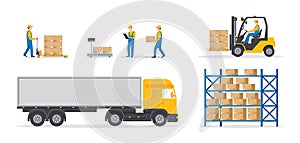 Warehouse of wholesale. Logistic, fulfilment order for distribution. Loader, cargo truck, forklift with driver, worker with cart,