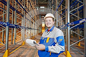 warehouse worker builder in new modern storehouse