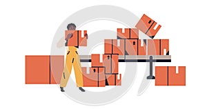 Warehouse worker carrying boxes, parcels. Storehouse carrier at work, holding cardboard. Employee during cargo shipment