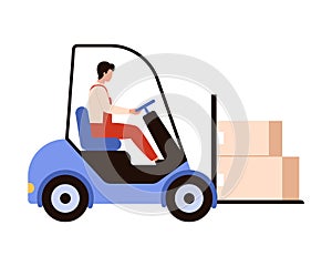 Warehouse worker carrying cardboard boxes on forklift