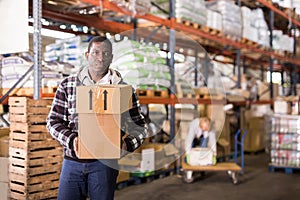 Warehouse worker carrying carton boxes