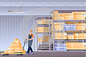 Warehouse worker cartoon character. Handymen loading cardboard boxes. Storehouse employee using forklifter professional