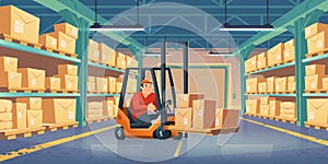 Warehouse with worker, forklift and boxes