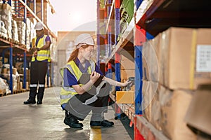 warehouse worker. inventory clerk staff stock employee work in cargo storage shelf managed checking shipping order using tablet
