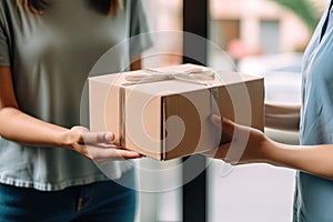 Warehouse worker and manager passing a box Generative AI