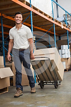 Warehouse worker moving boxes on trolley