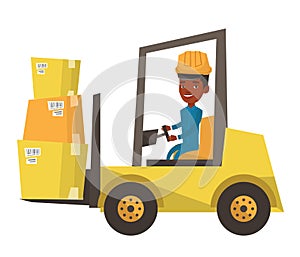 Warehouse worker moving load by forklift truck.