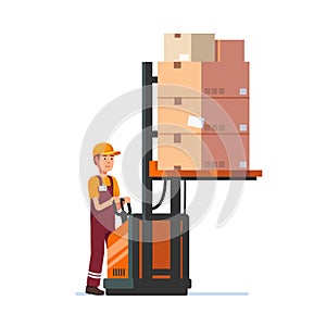 Warehouse worker operating electric fork lifter