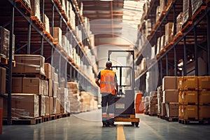 Warehouse Worker Operating Forklift Amidst Aisles with Packaged Goods