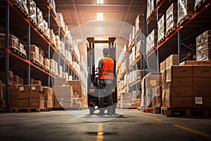 Warehouse Worker Operating Forklift Amidst Aisles with Packaged Goods