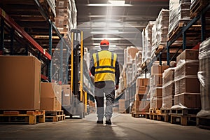 Warehouse Worker Operating Forklift Amidst Aisles with Packaged Goods