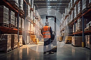 Warehouse Worker Operating Forklift Amidst Aisles with Packaged Goods