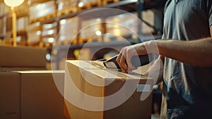 The warehouse worker packing. AI generated