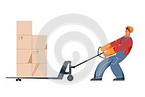 Warehouse worker pulling cart with stack of boxes, loader pushing trolley with effort