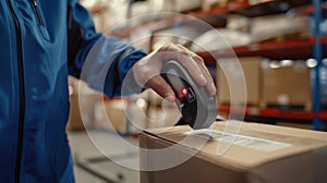 Warehouse Worker Scanning Barcode.AI generated image