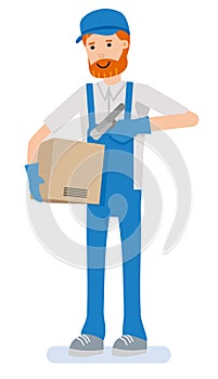 Warehouse worker scanning barcode on box. Warehouse worker checking barcode of box with a scanner. Warehouse worker at
