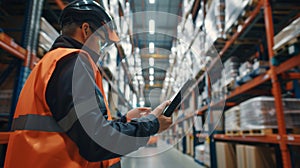 Warehouse worker with tablet checking inventory