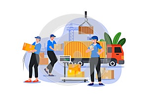 Warehouse worker unloading truck Illustration concept on white background