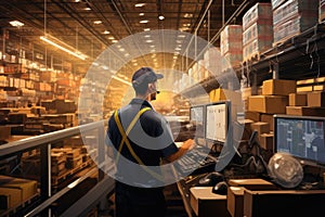 Warehouse worker using computer at warehouse. This is a freight transportation and distribution warehouse. Industrial and