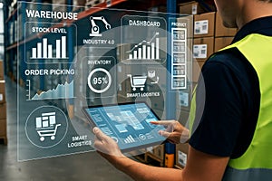 Warehouse worker using a tablet with holographic interface displaying logistics data technology