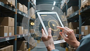 Warehouse Worker Using Tablet for Inventory Management