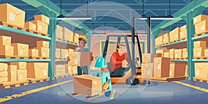 Warehouse with workers, forklift, robot and boxes