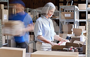 Warehouse workers hurry in blur motion to deliver parcels. Fast delivery concept