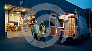 Warehouse Workers Loading Delivery Van at Night