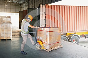 Warehouse Workers Loading a Package Pallets at Warehouse. Container Shipping. Freight Truck Logistic, Cargo Transport.
