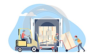 Warehouse workers. Male worker in uniform loading parcels or cargo boxes in truck. Transportation process, logistic