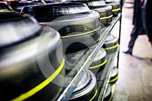 Warehouse with workpiece of car tires at factory